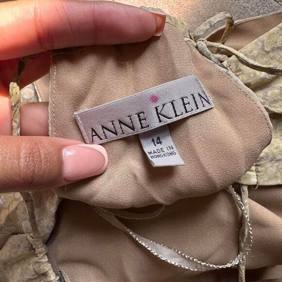 ANNE KLEIN Vintage Dress 14 Beige Print Silk Blend Halter Tie Neck Keyhole Maxi - Picture 6 of 8